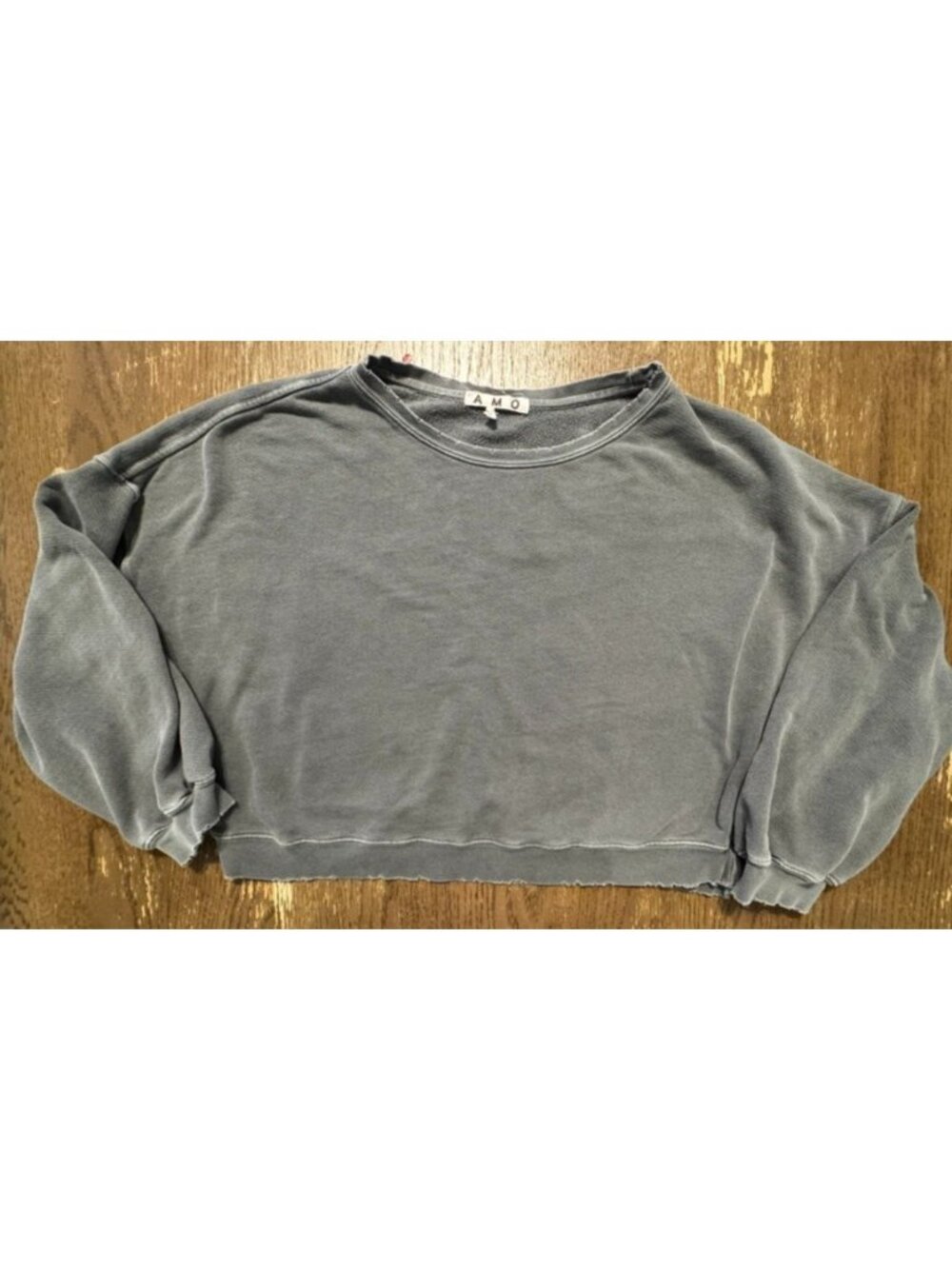 AMO Anthropologie Cropped Gray Pullover Cotton Sweatshirt Raw Distressed Hem